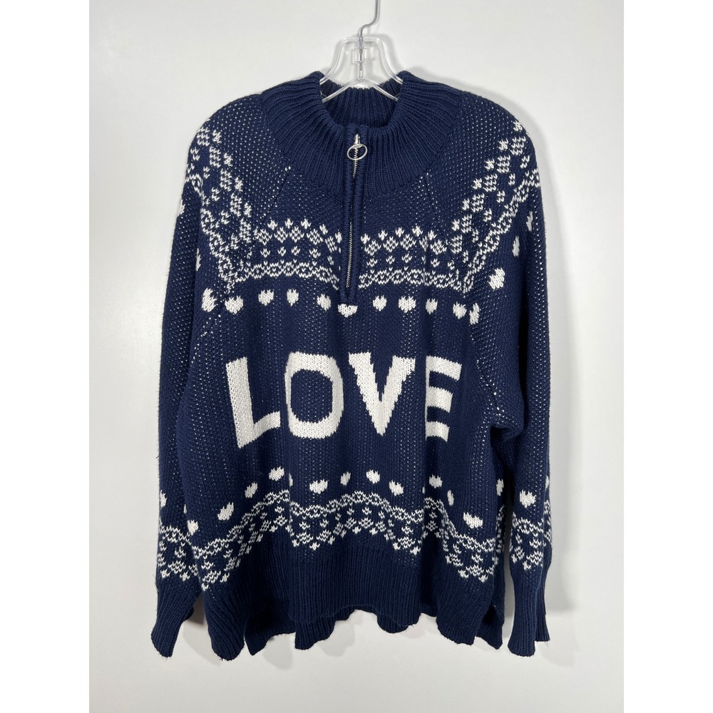 Aerie Navy Blue Fair Isle Love Quarter Zip Sweater Cozy Holiday Pullover XXL